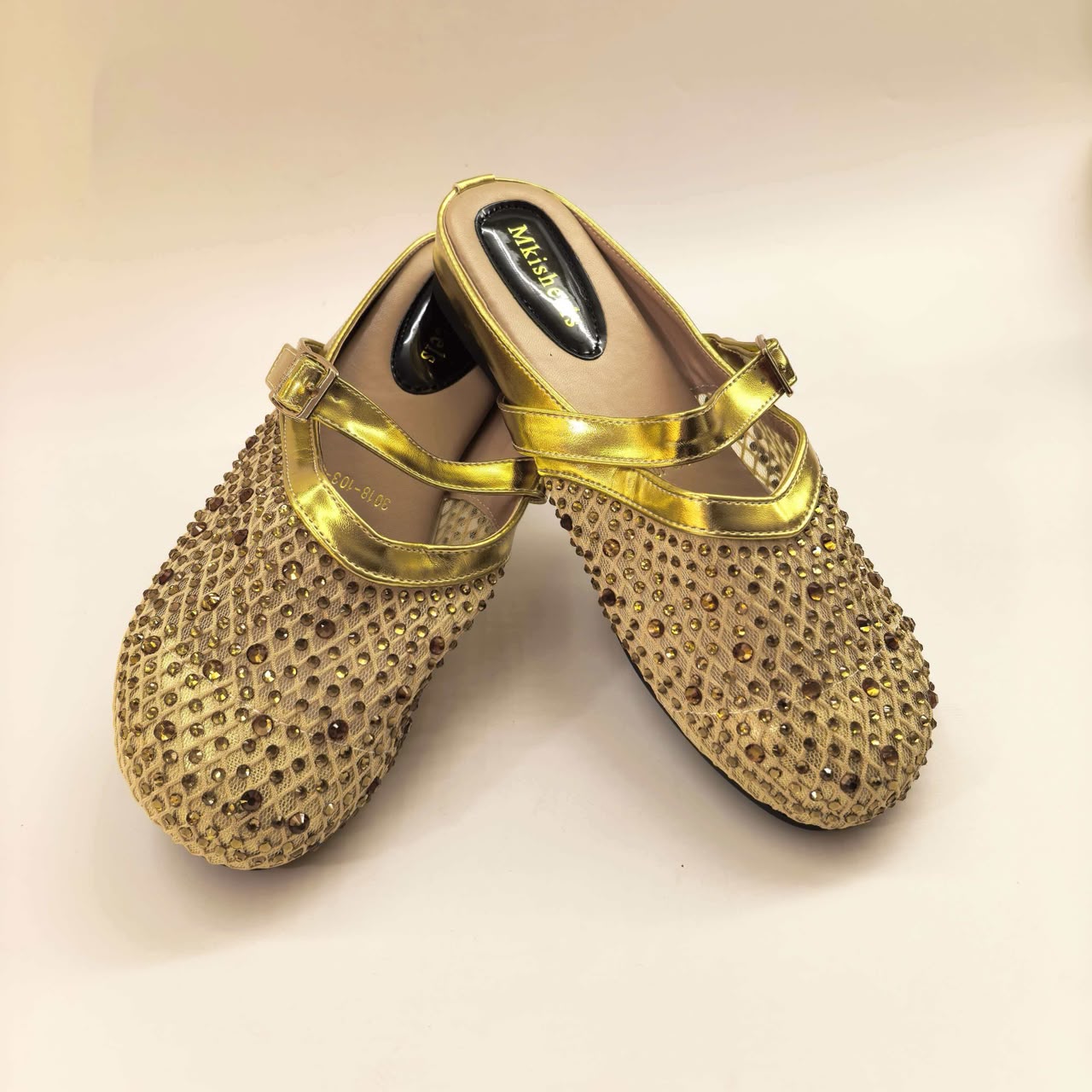 Gold crystal mesh mules