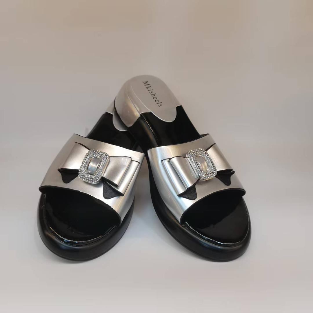 Silver metallic platform slides with crystal buckle