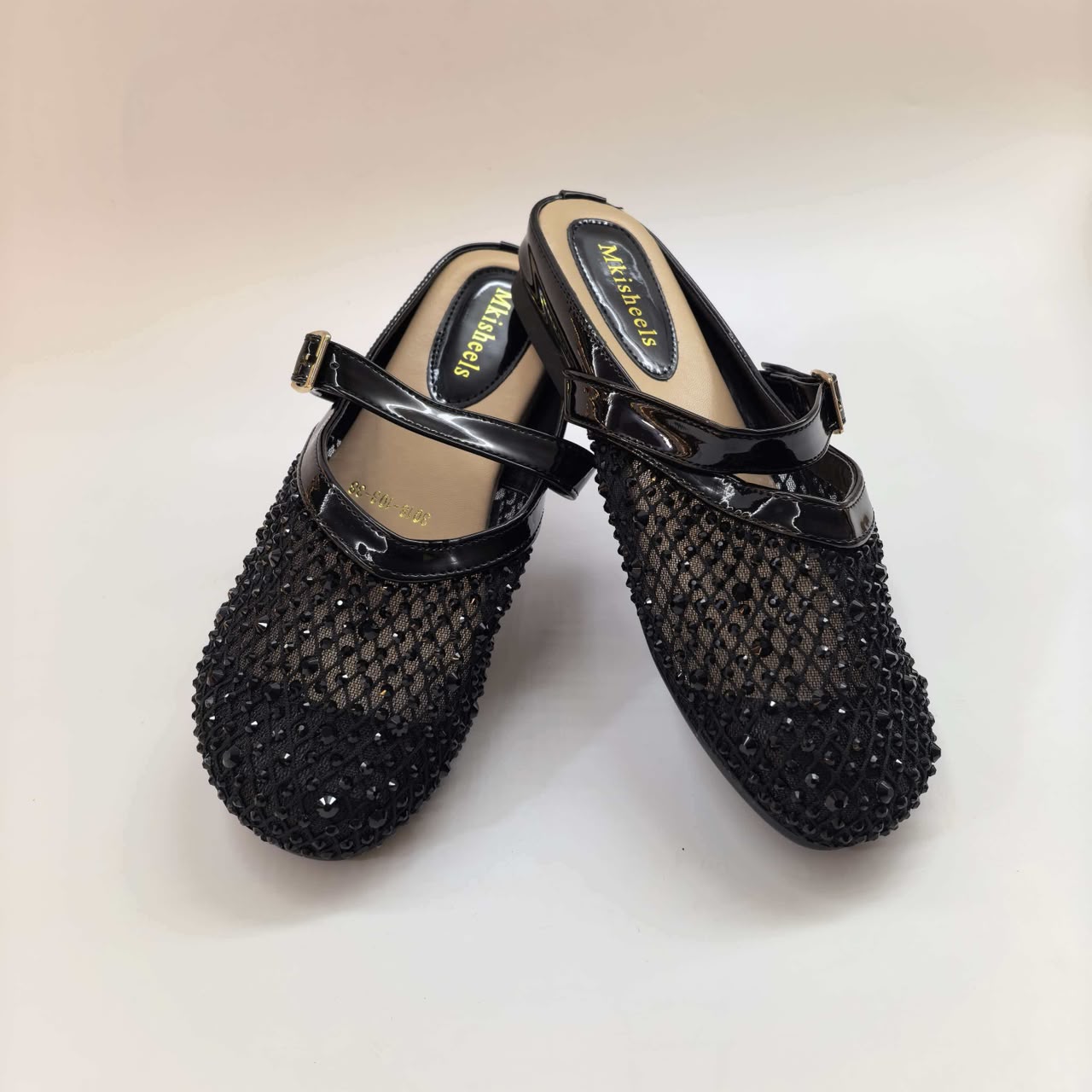 Black crystal mesh mules