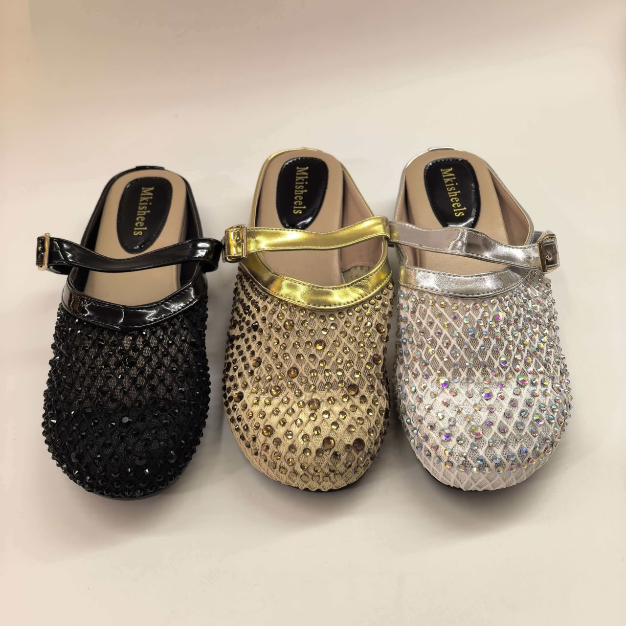 Crystal mesh mules in black, gold and silver