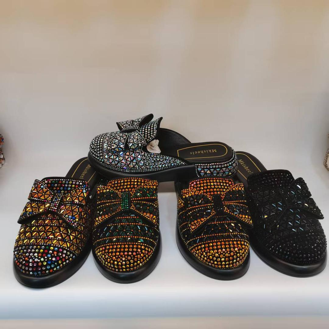 Crystal bow mules in silver, gold, black and mixed colours